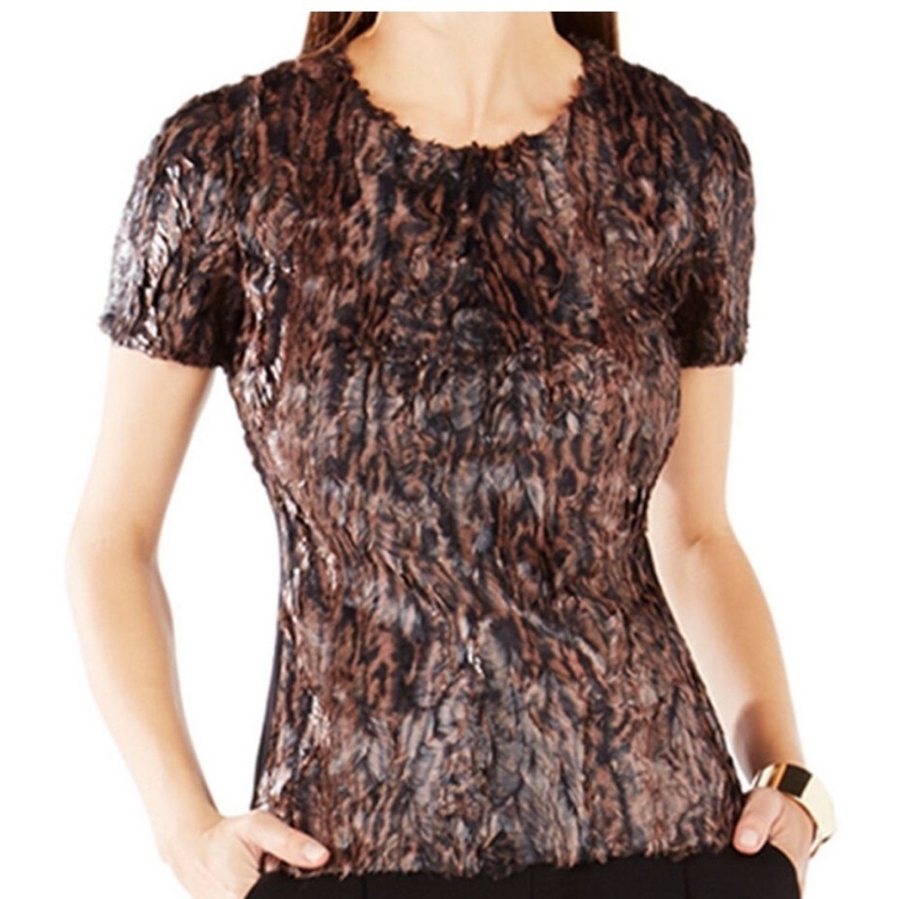 BcbgMaxAzria Tulum brown black faux fur short sleeve zipper back top size XS
